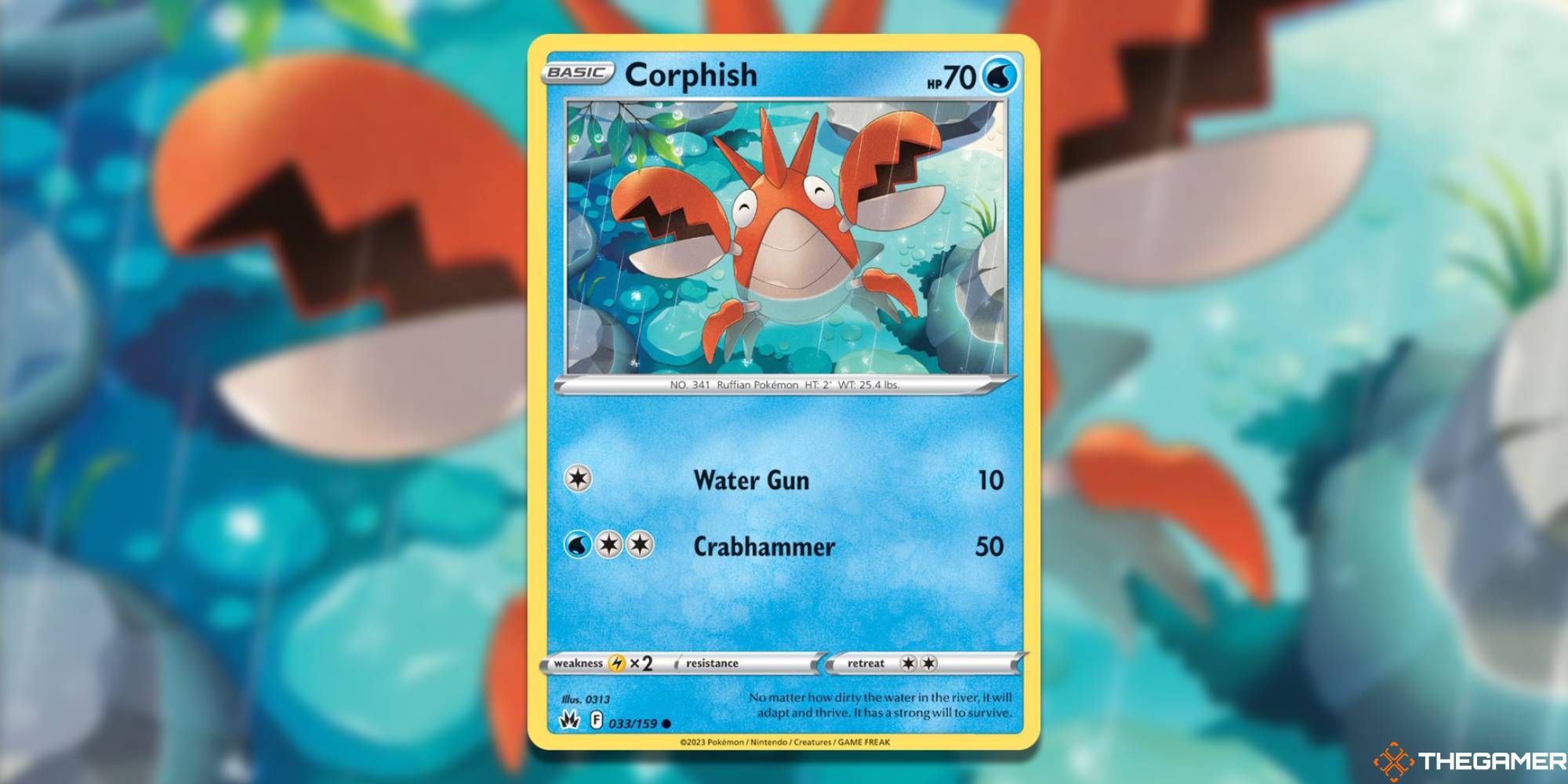 Pokemon TCG: Corphish from Crown Zenith, with blurred background