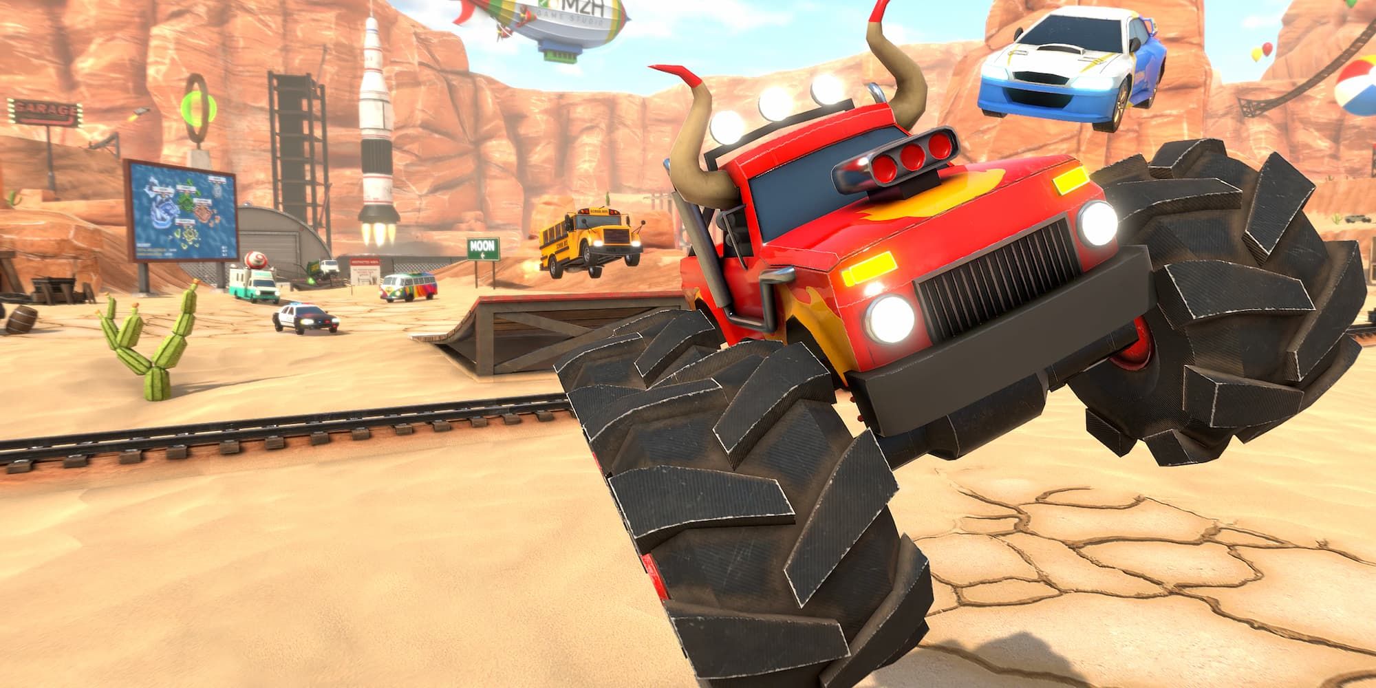 A monster truck leads the way in a Crash Drive 3 race against the likes of a police car, school bus, and more.