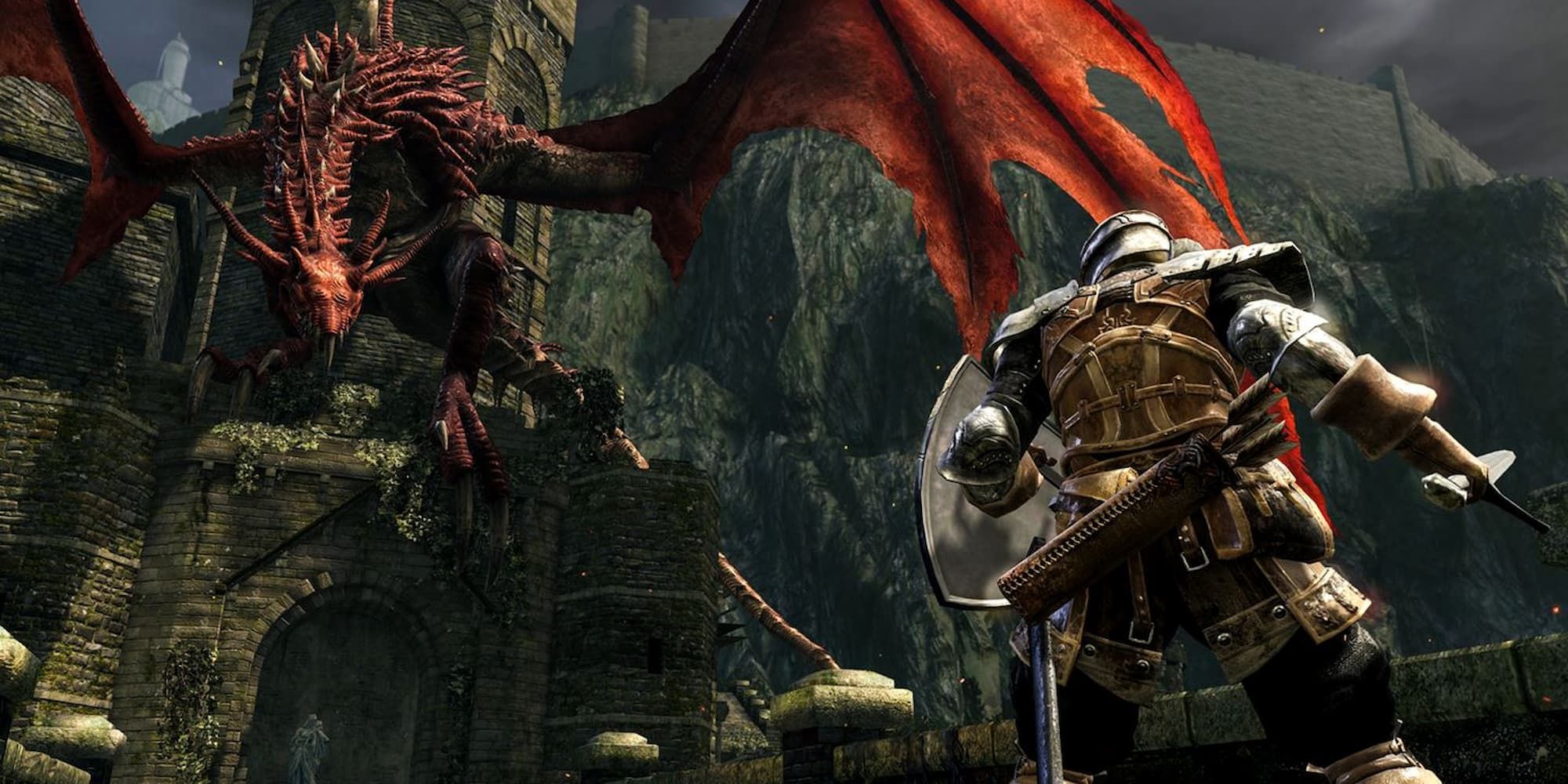 A warrior faces off with a giant red dragon at the front of a castle in Dark Souls.