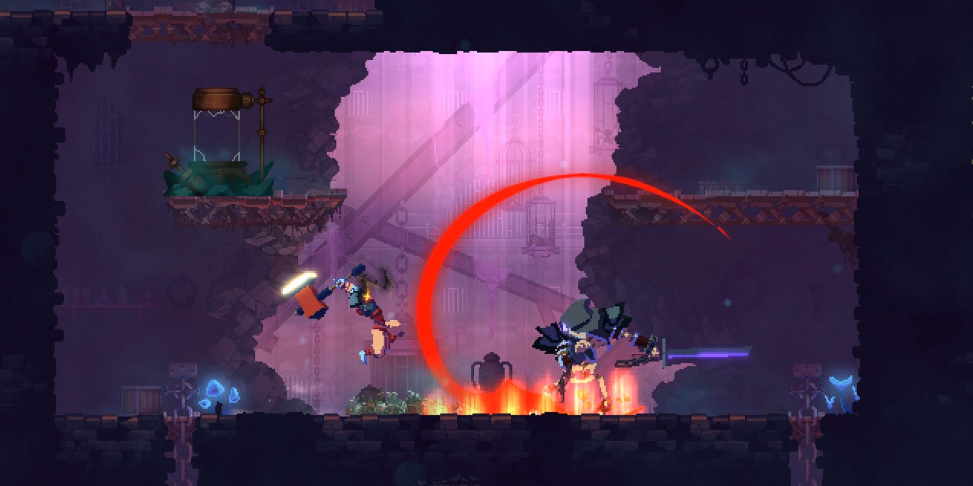 The main character in Dead Cells attacks an enemy by leaping at them with a large hammer