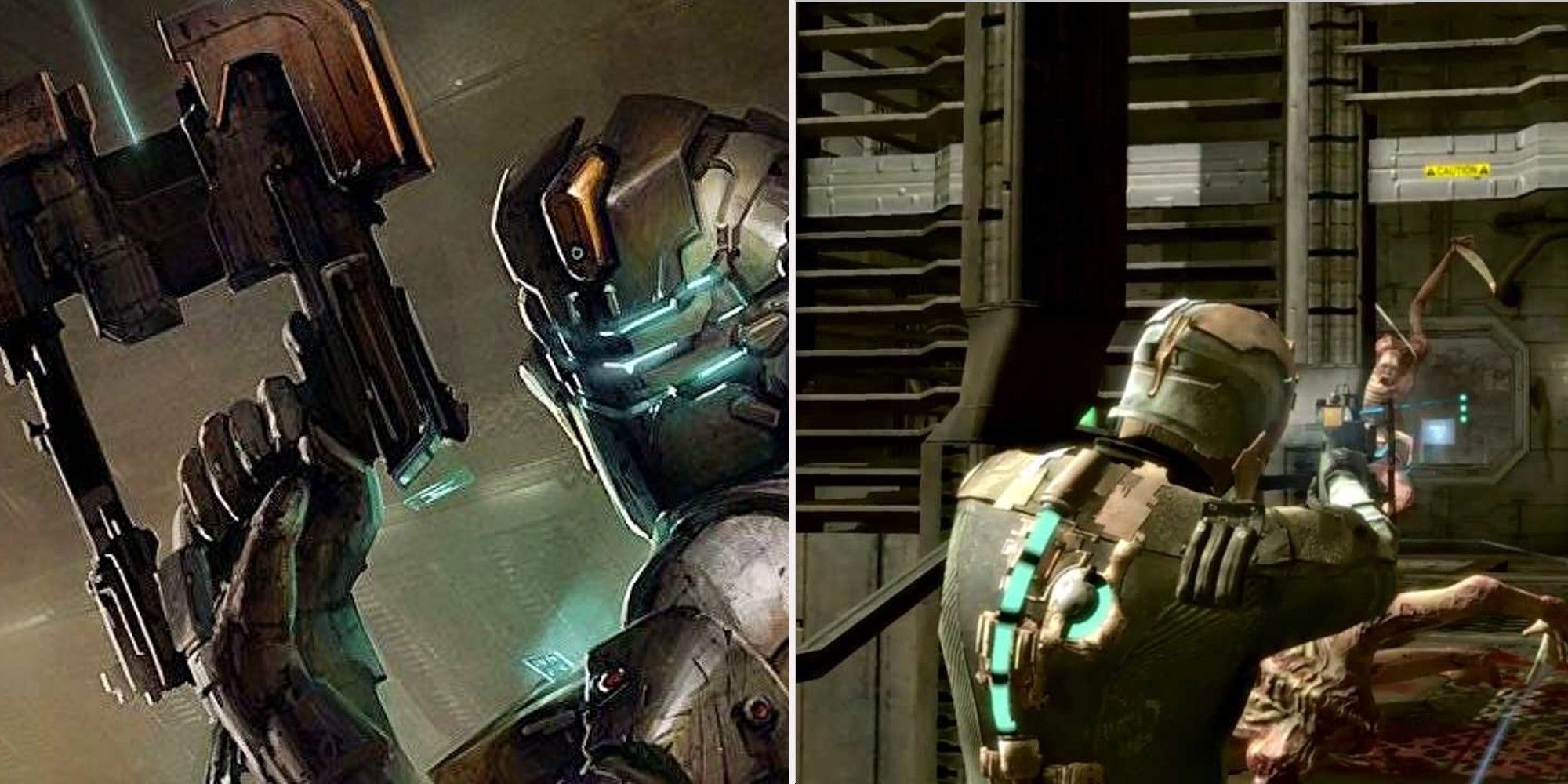 Dead Space - Artwork of Issac holding a Plasma Cutter and him using a Plasma cutter against necromorphs