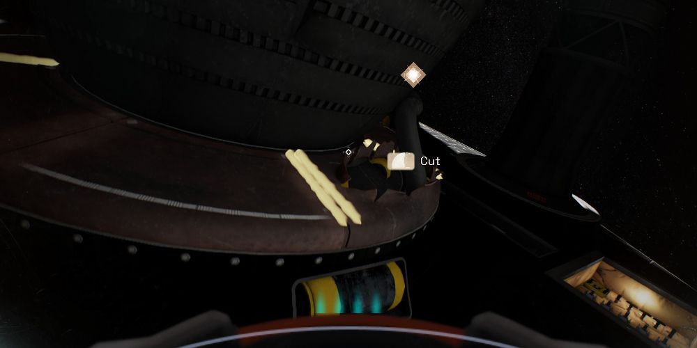 cutting away the ship's thrusters, dangerously close to a fuel canister