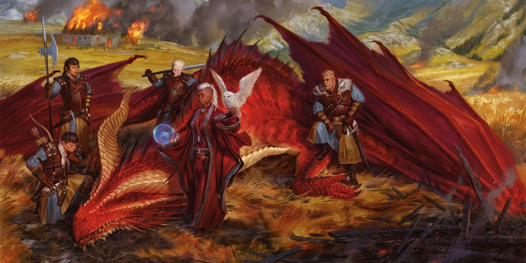 An adventure party is looting a fallen red dragon