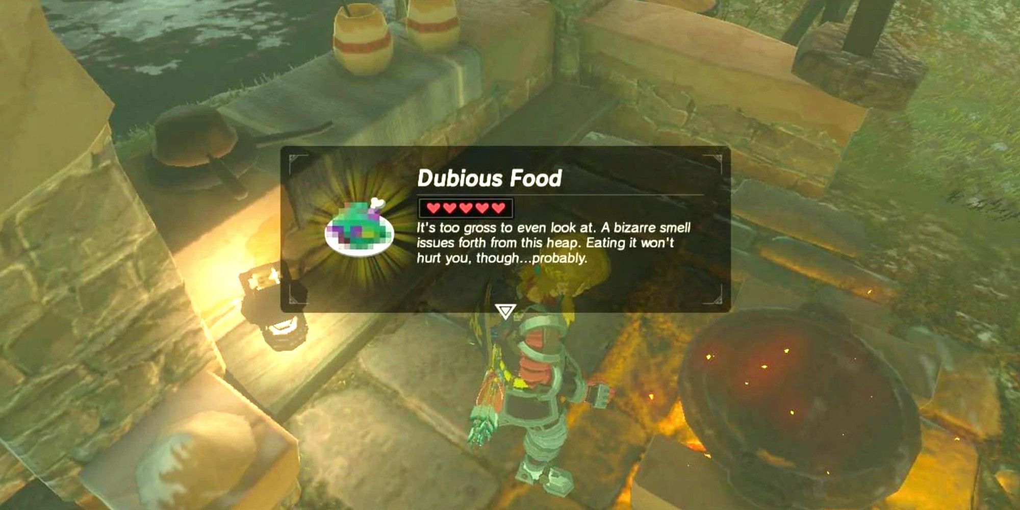 Link cooking the Dubious Food in The Legend of Zelda: Breath Of The Wild