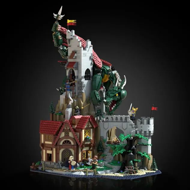 Dungeons & Dragons Lego green draagon wrapping around a tower