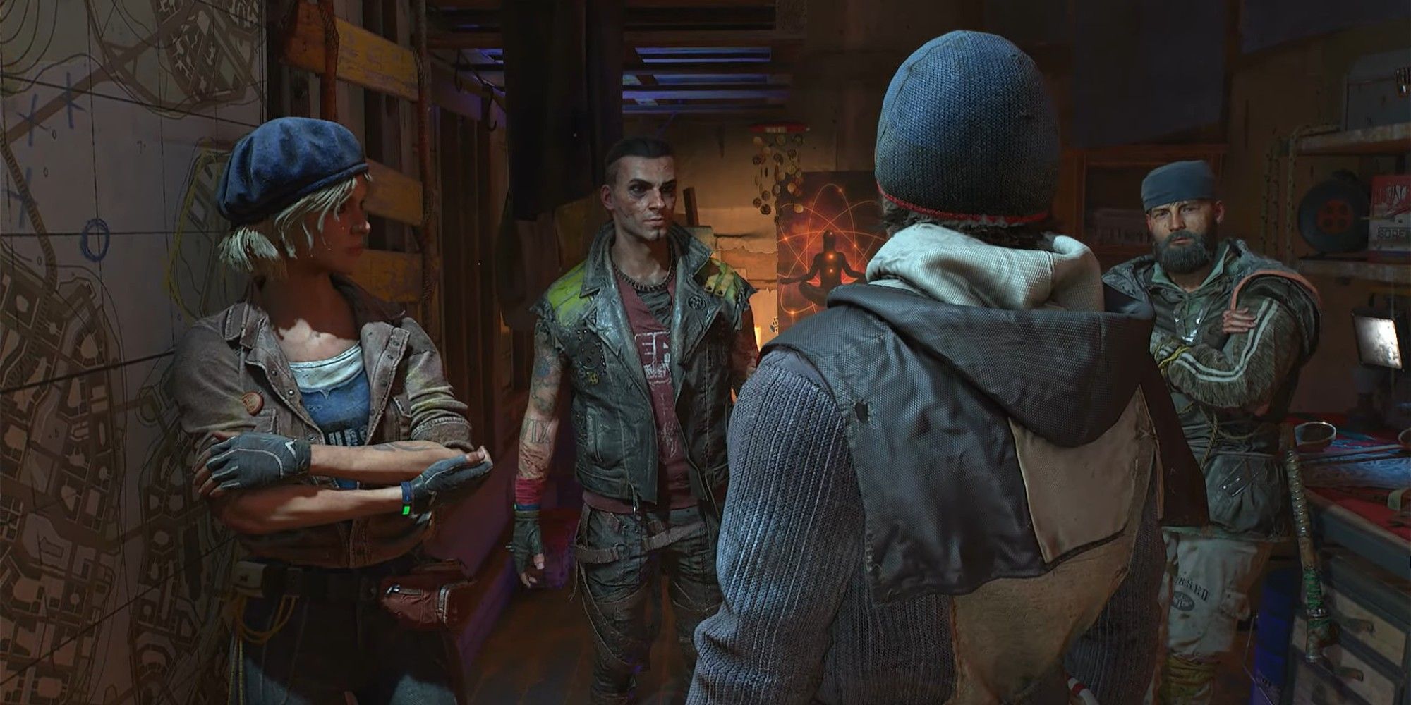 Dying Light 2 Water Tower Quest Sophie, Barney, Carl, and Roger discussing on the future of the Bazaar.