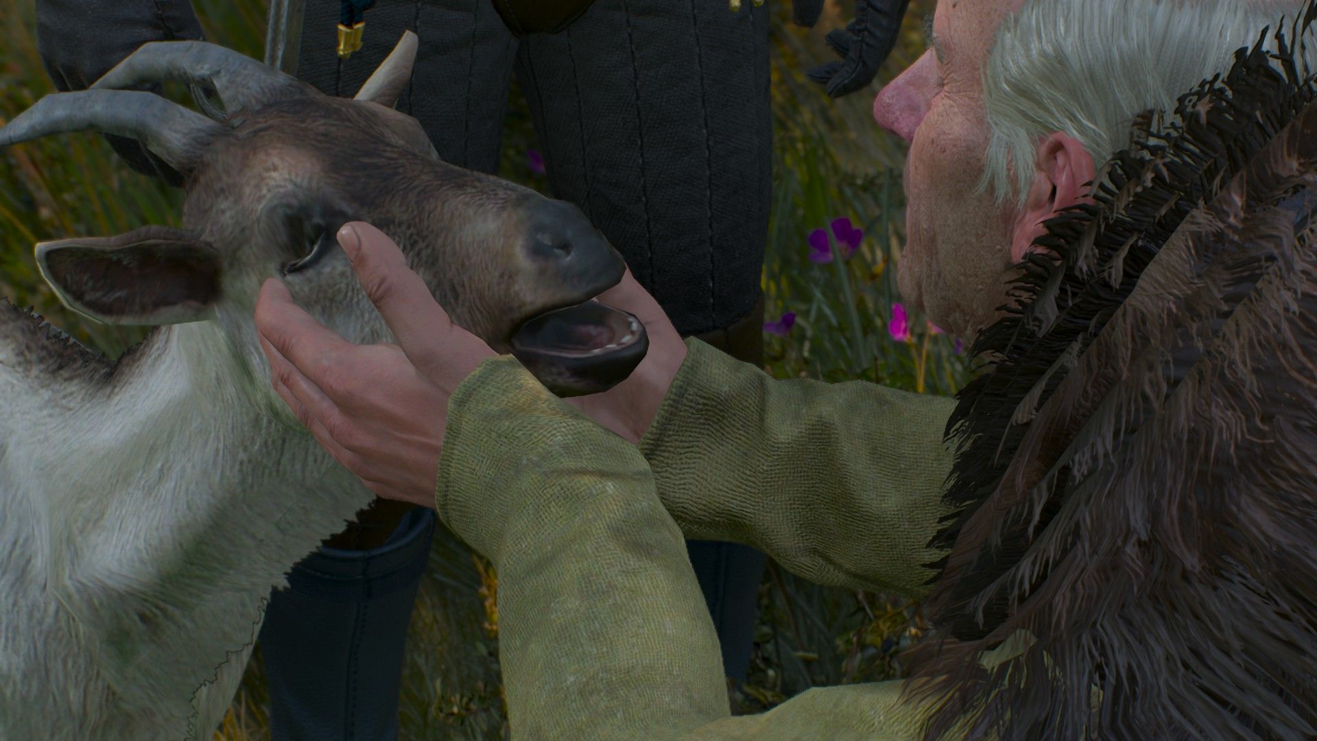 An old man lovingly caresses his goat, Princess, in the woods.