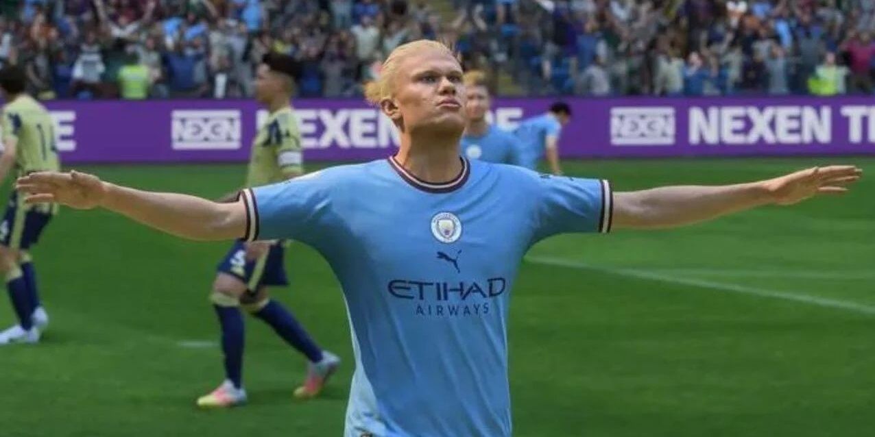 Erling Haaland celebrating a goal for Manchester City with his arms spread wide