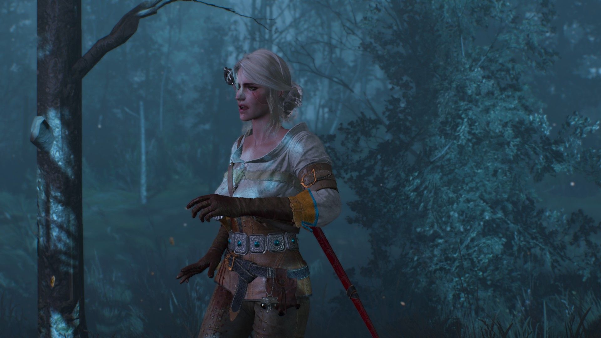 Ciri slows to a stop after dashing through a swamp, clearly exhausted and injured.