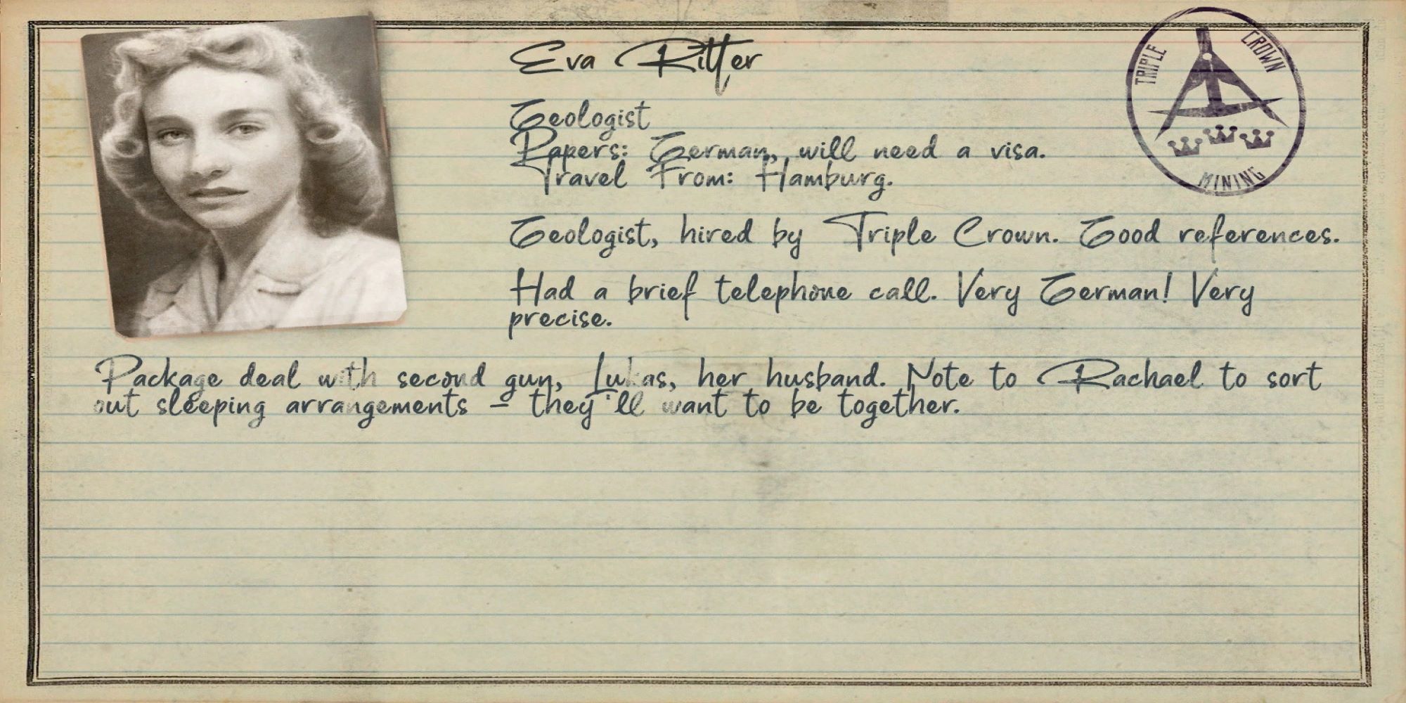 A screenshot of a dossier entry for Eva Ritter showing key information in Amnesia: Rebirth