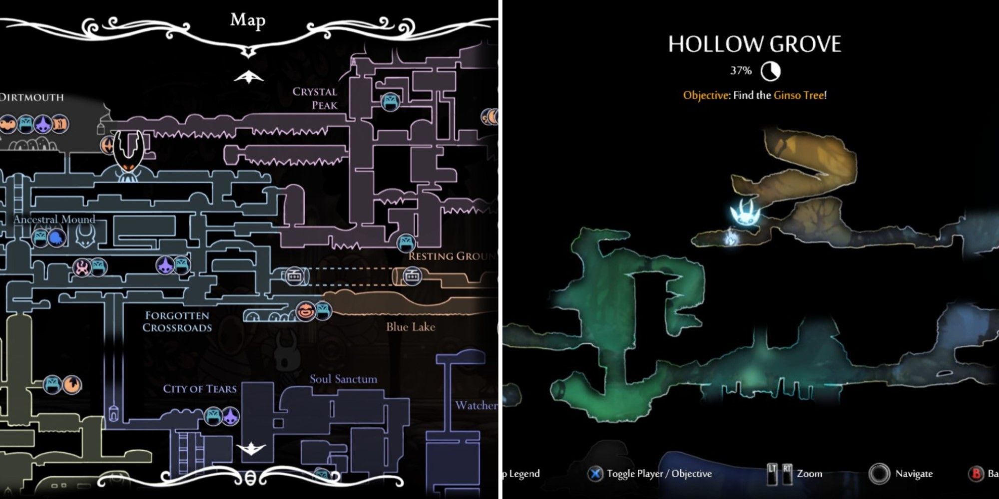 Screenshots of the map screens in Hollow Knight and Ori and the Blind Forest. 