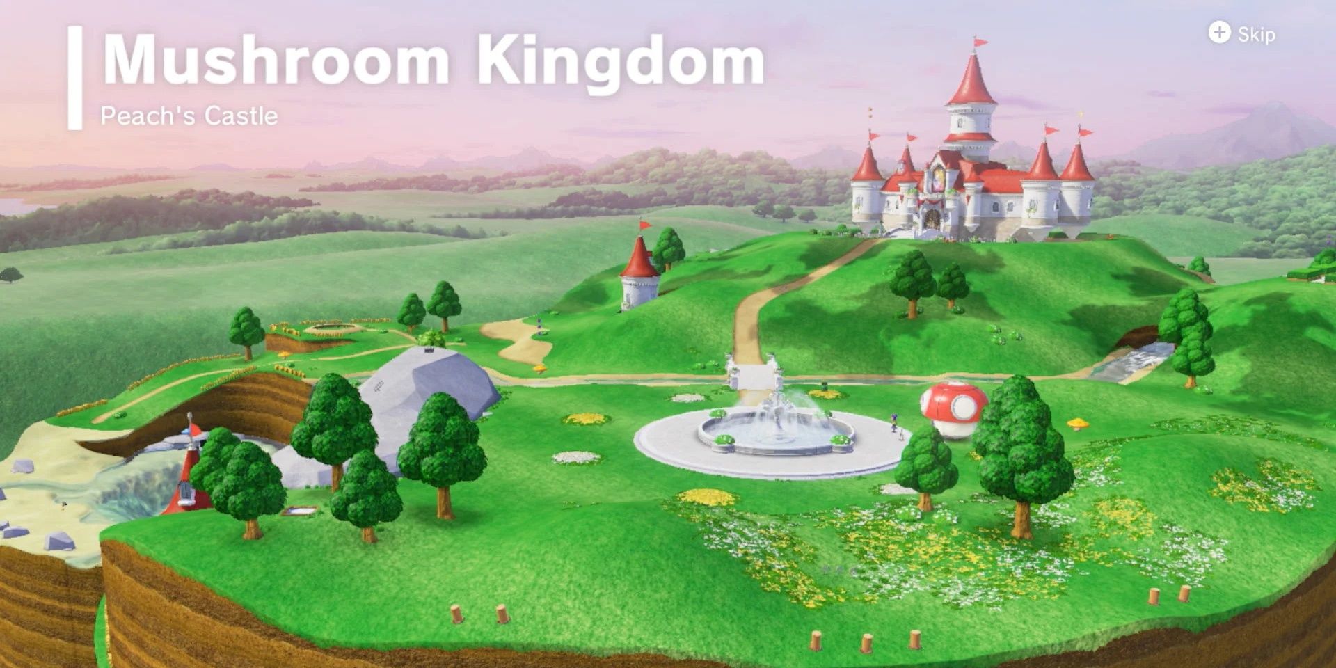 A screenshot of the scene when arriving in the Mushroom Kingdom in Super Mario Odyssey, showing lush green hills and the castle in the distance.