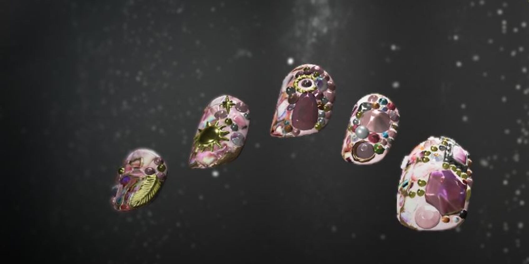 An image of Fatale Nails In Forspoken, bejeweled nails with colorful swatches of pink and purple, with gold and purple gems inlaid