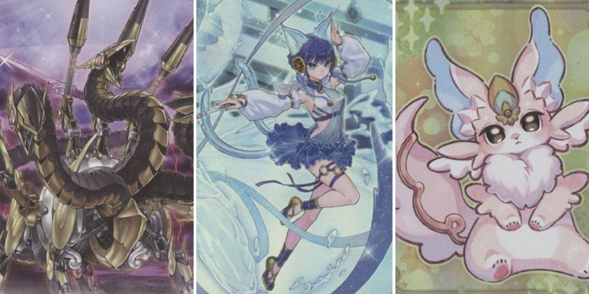 Artwork of Gizmek Orochi, Ni-Ni The Mirror Mikanko, and Purrely from Yu-Gi-Oh