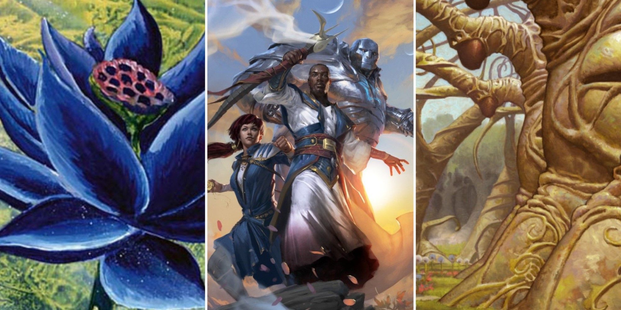 Artwork from three different Magic: The Gathering cards, each from a different Dominaria set.