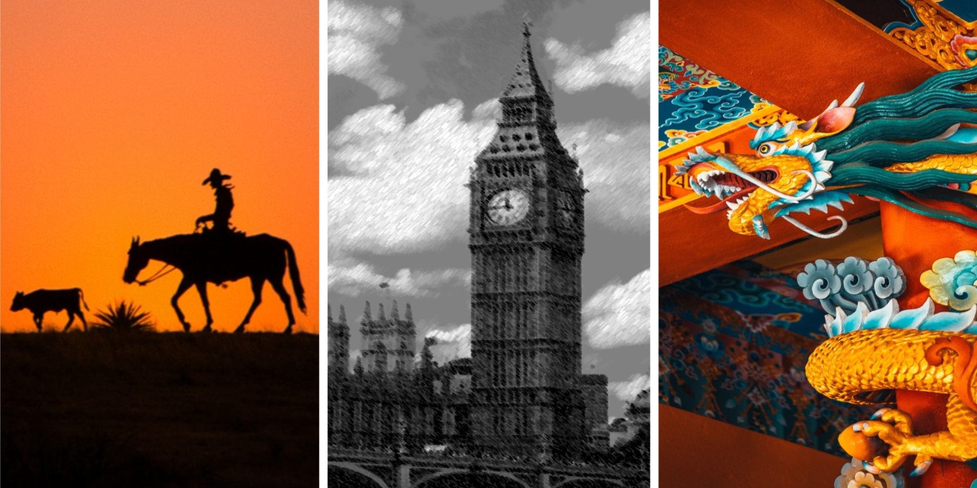 A cowboy on a horse, Big Ben, and a Chinese dragon statue.