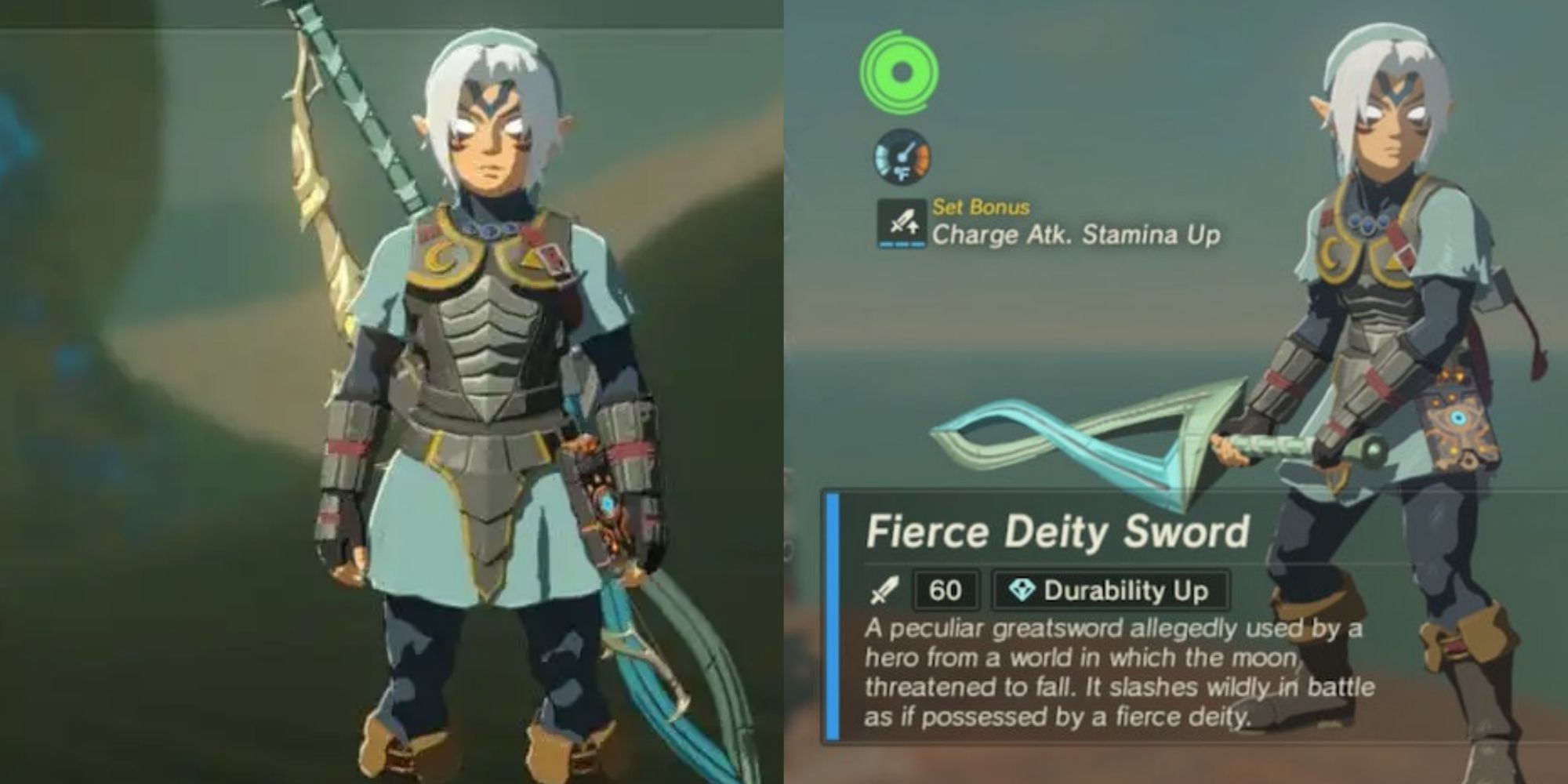 Split image screenshot of Link wearing the Fierce Deity set and holding the Fierce Deity Sword in Breath of the Wild.