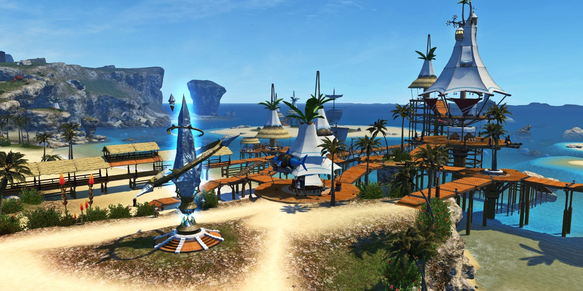 Costa del Sol in Final Fantasy 14, a large beach with branching wooden walkways that pass over the water and sand.