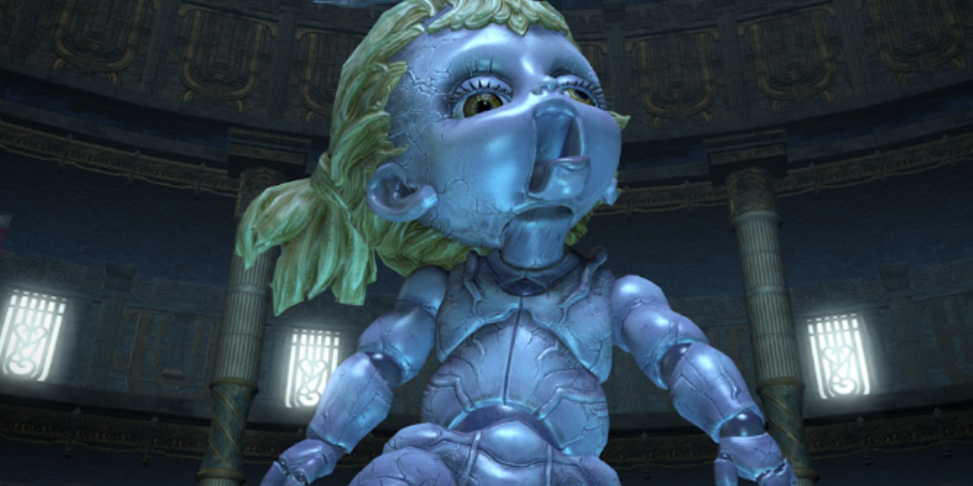 The Dancing Calcabrina Boss in Final Fantasy 14, a porcelain doll with blonde hair.