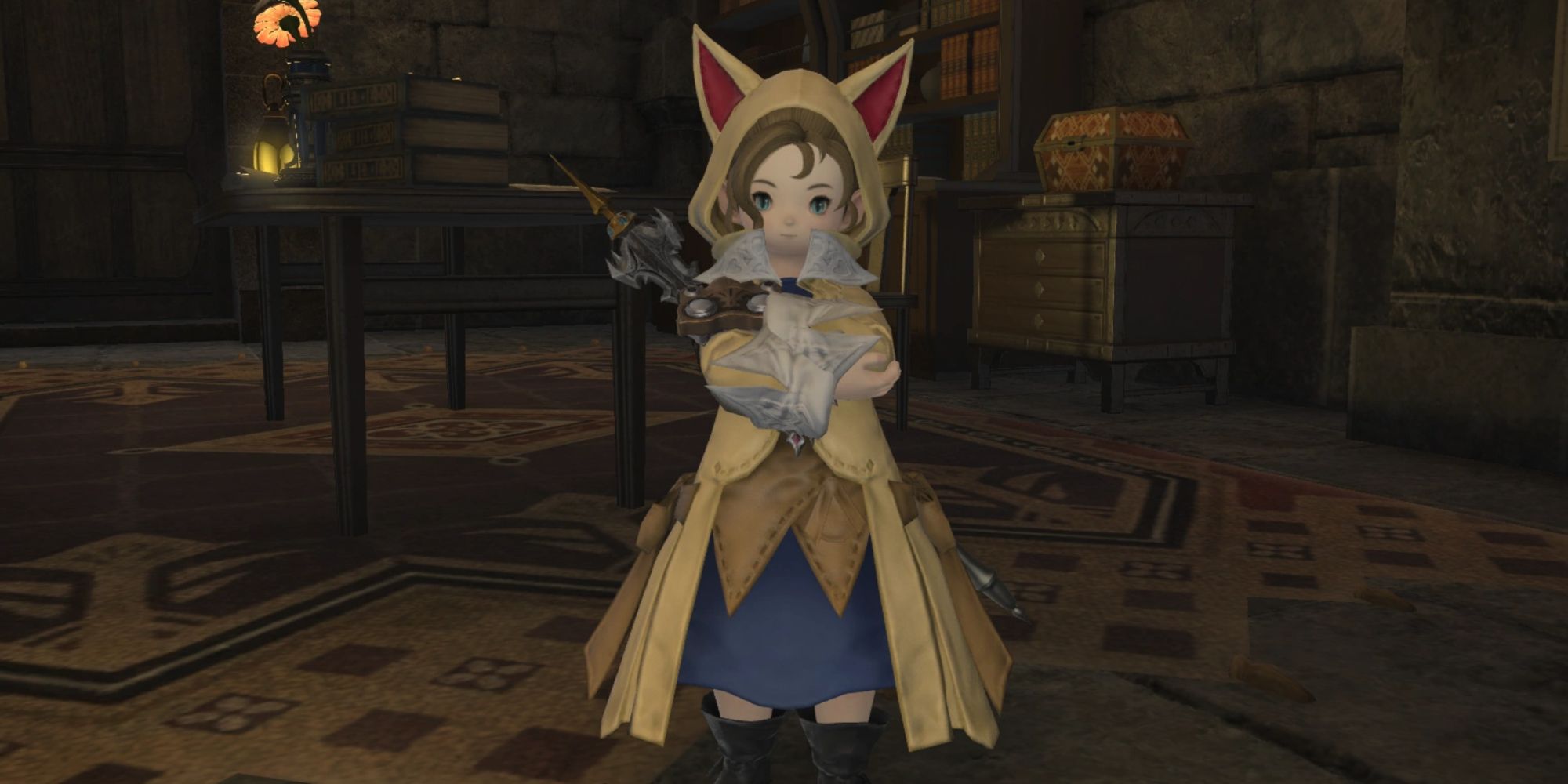 Krile from Final Fantasy 14, a Lalafell with a yellow coat that has pointed ears.