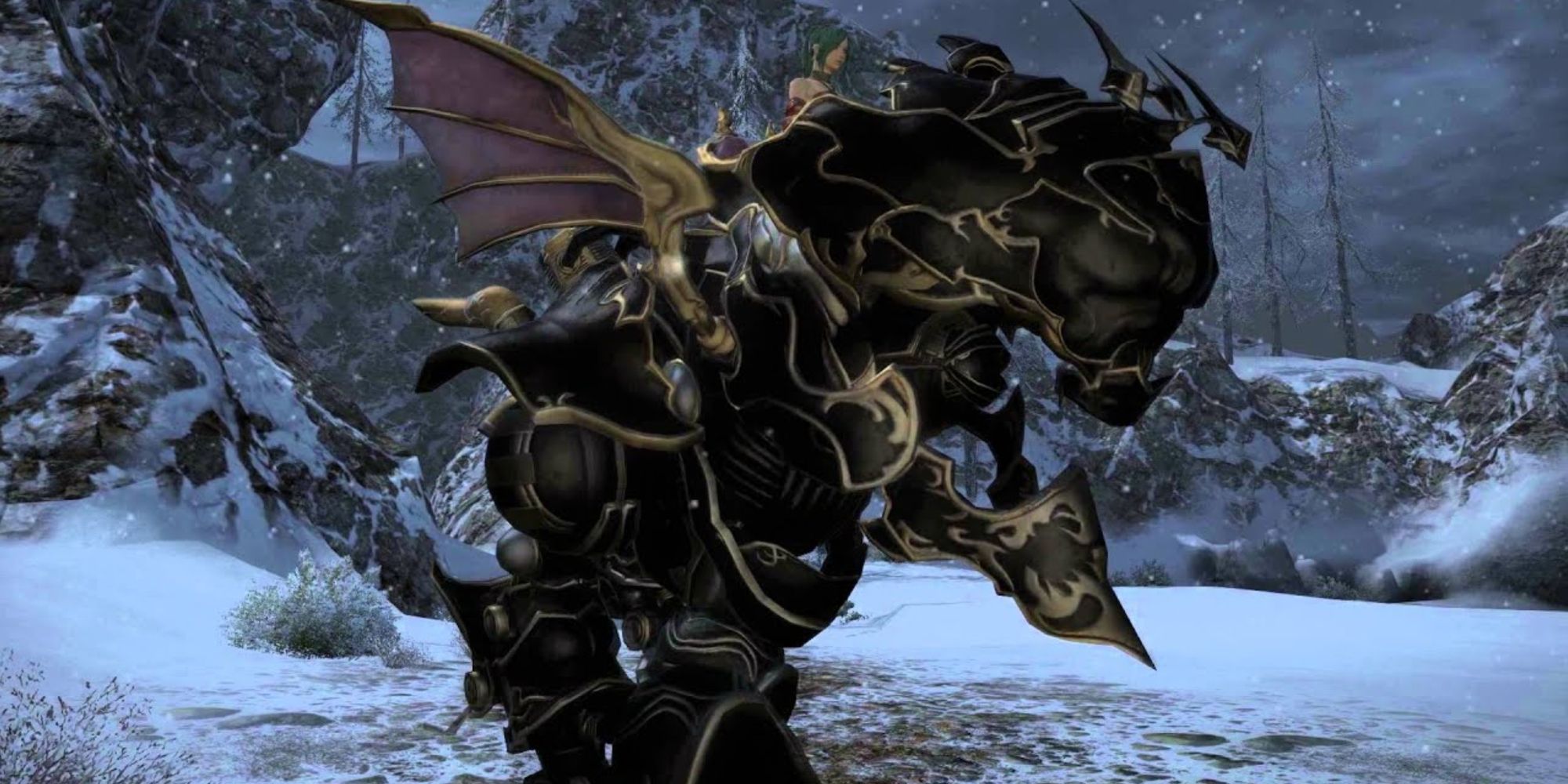 A player piloting a Magitek Armor, a large mech-like weapon that's black with gold trim in Final Fantasy 14
