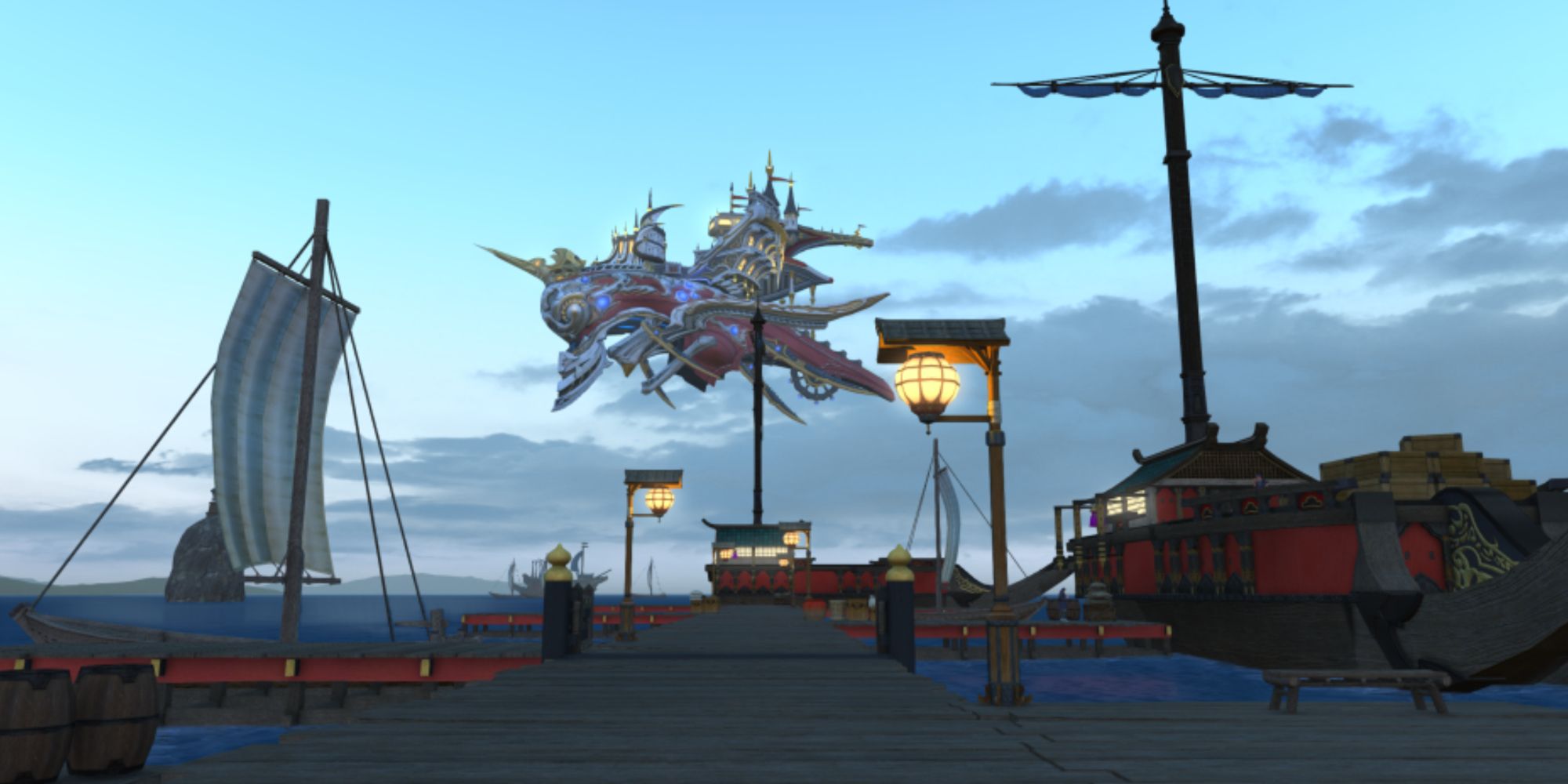 The Prima Vista Airship in Final Fantasy 14, a large airship with a red, white, gold, and blue color scheme, sharp edges, and a steampunk-ish look to it.