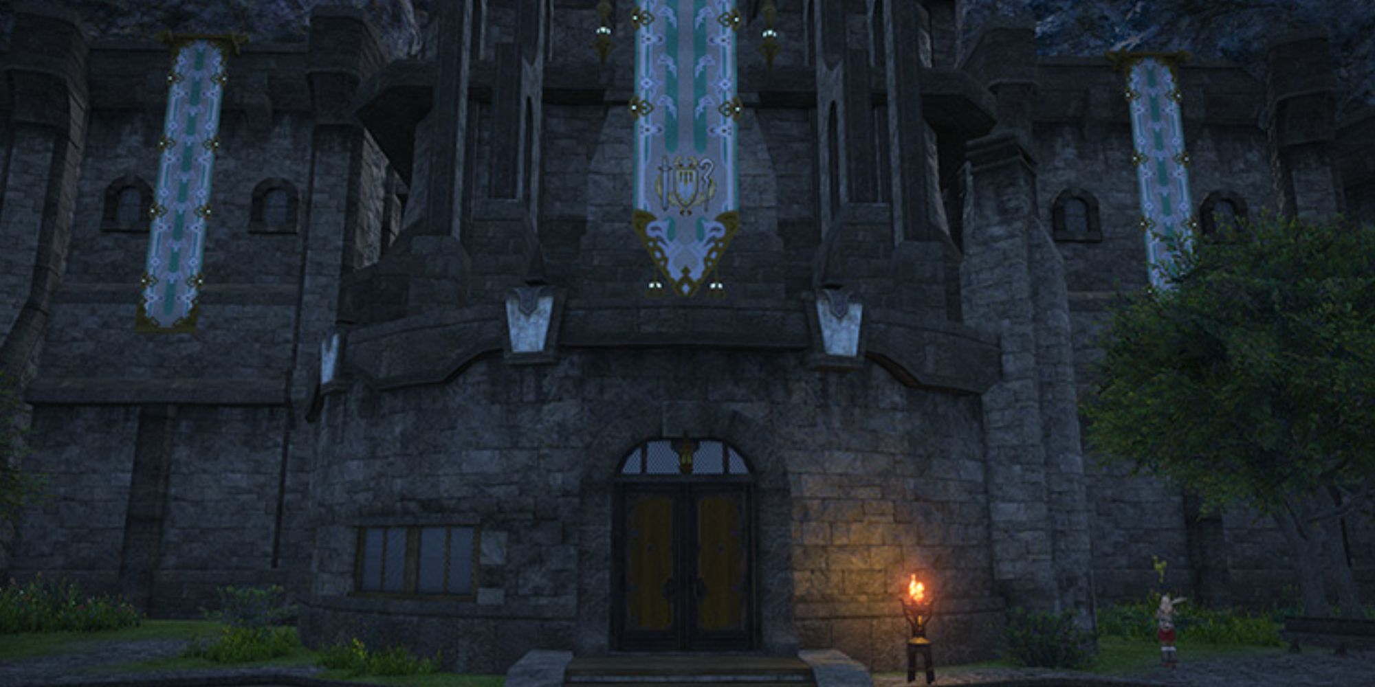 The outside of The Seventh Heaven Bar in Final Fantasy 14, a stone building with a wooden door and a banner hung over it with a Sword, Shield, and Staff sigil on it.