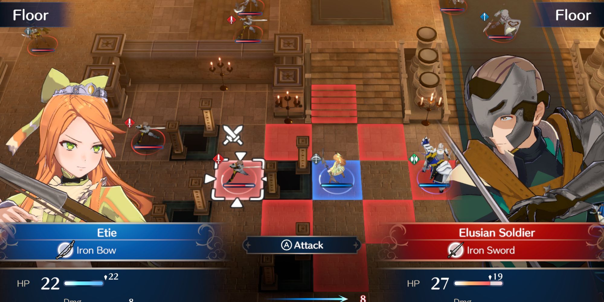 Fire Emblem Engage Etie the archer aims at an enemy unit one tile away