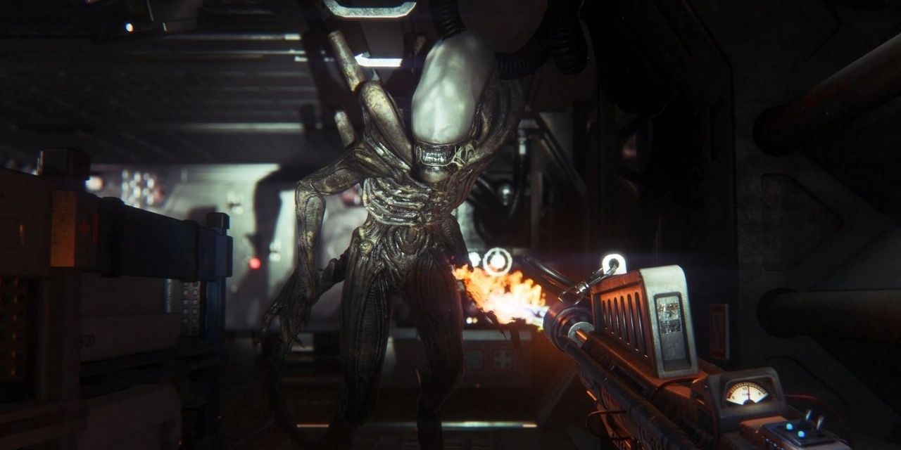 Firing a flamethrower in Alien Isolation