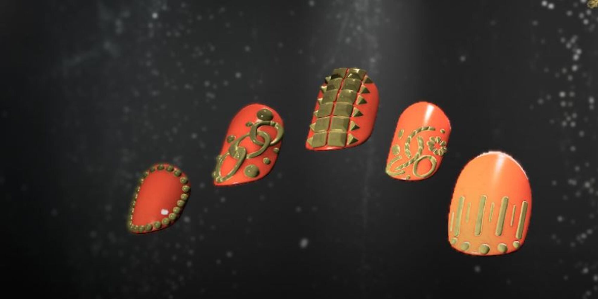 Flaunt Nails In Forspoken, bright orange nails with golden accents and gems on top