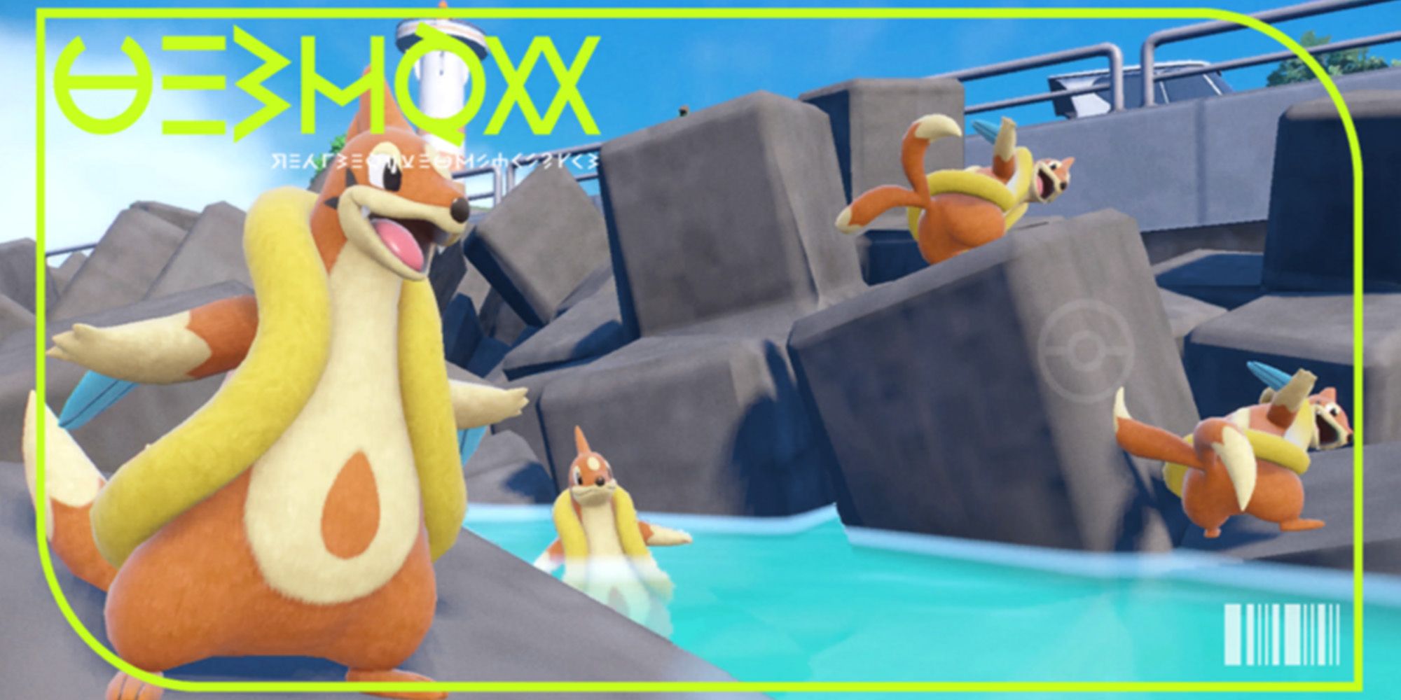 Floatzl standing by a river while the other floazels wave their butt at the camera in its Pokedex picture from Pokemon Scarlet and Violet