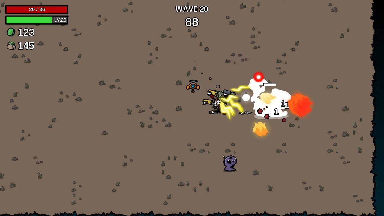 The player attacks the boss early on to build damage in Brotato.