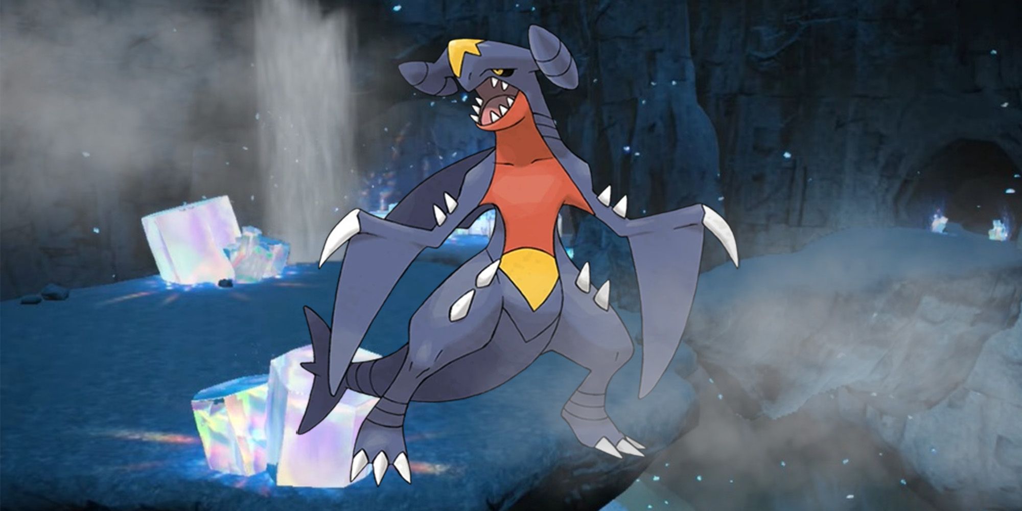 Pokemon: Garchomp standing in the crystal covered cave in the great crater of Paldea