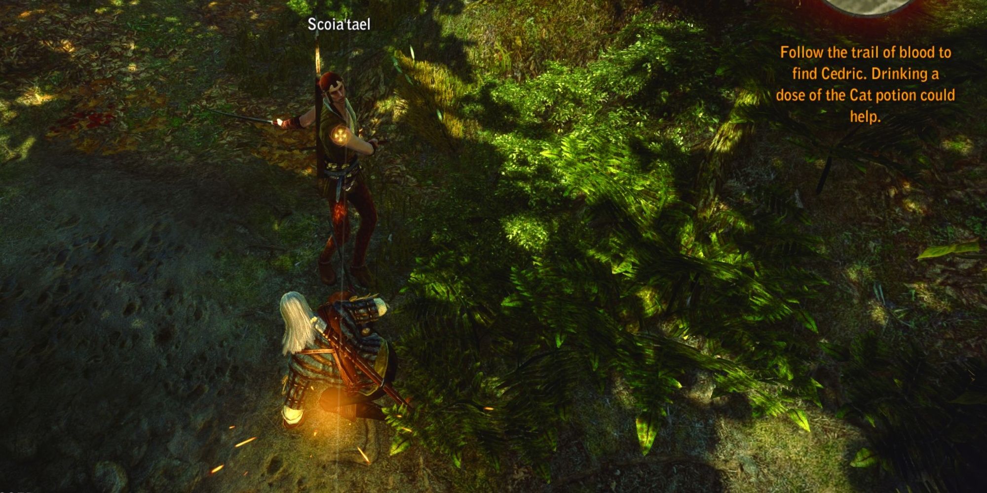 Geralt about to perform a riposte attack from Witcher 2.