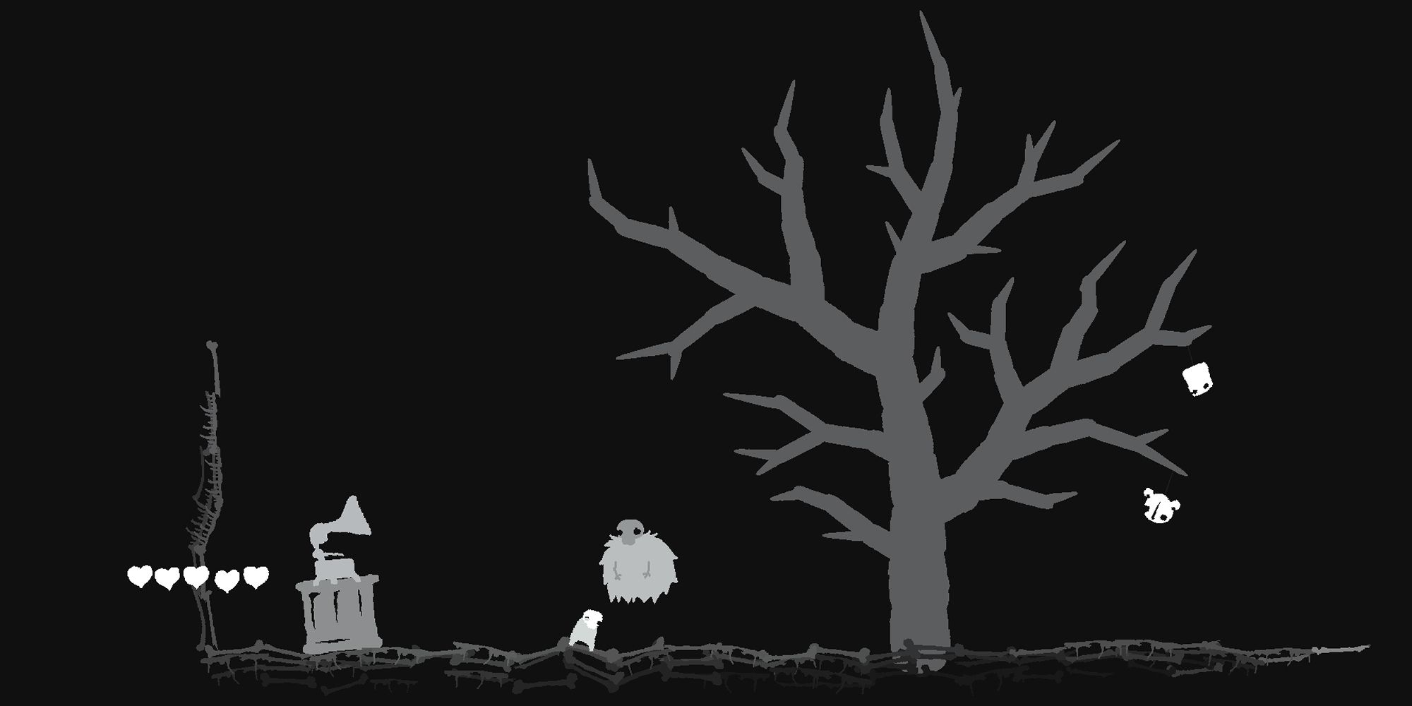 An image of Gooner at the skull tree, a barren landscape with enemies dangling from the branches