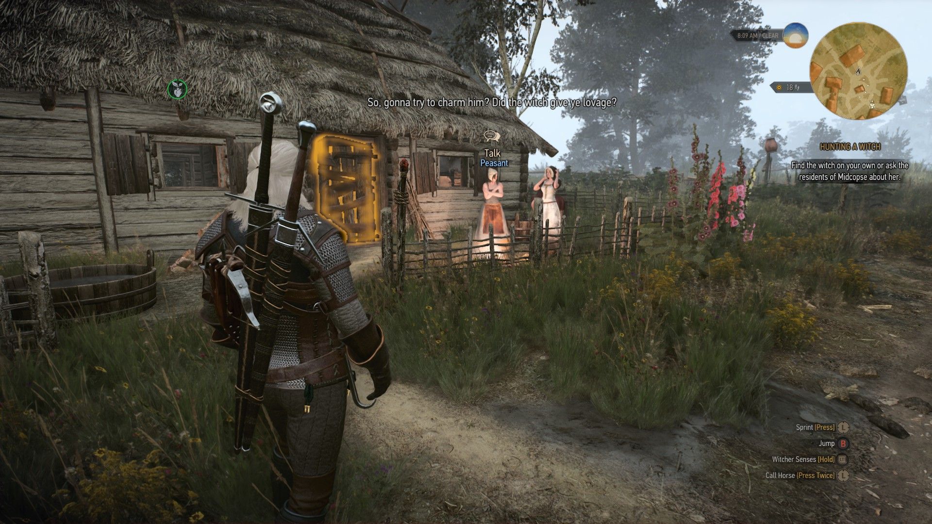 Geralt stands outside a house, listening to a pair of women gossip about a witch in The Witcher 3.