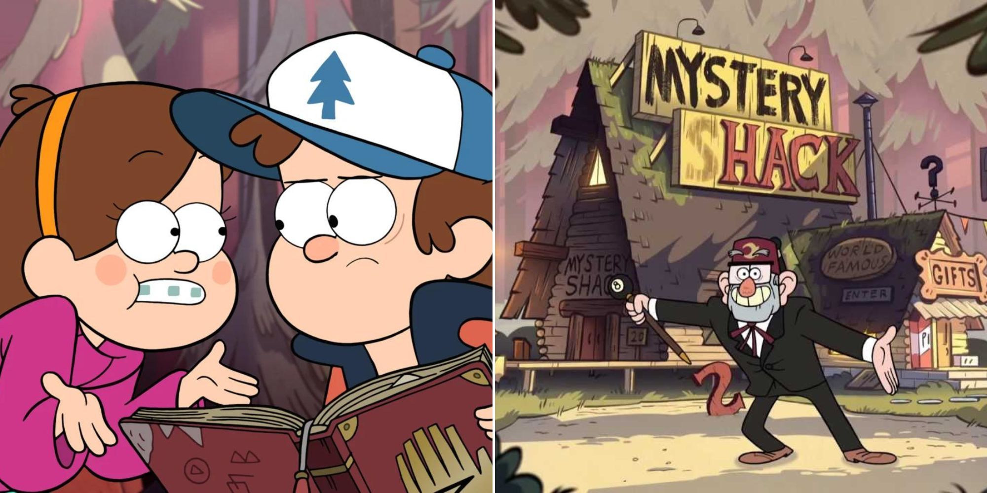 Gravity Falls - Mabel With Dipper Holding Mysterious Book - Stan In Front Of The Mystery Shack