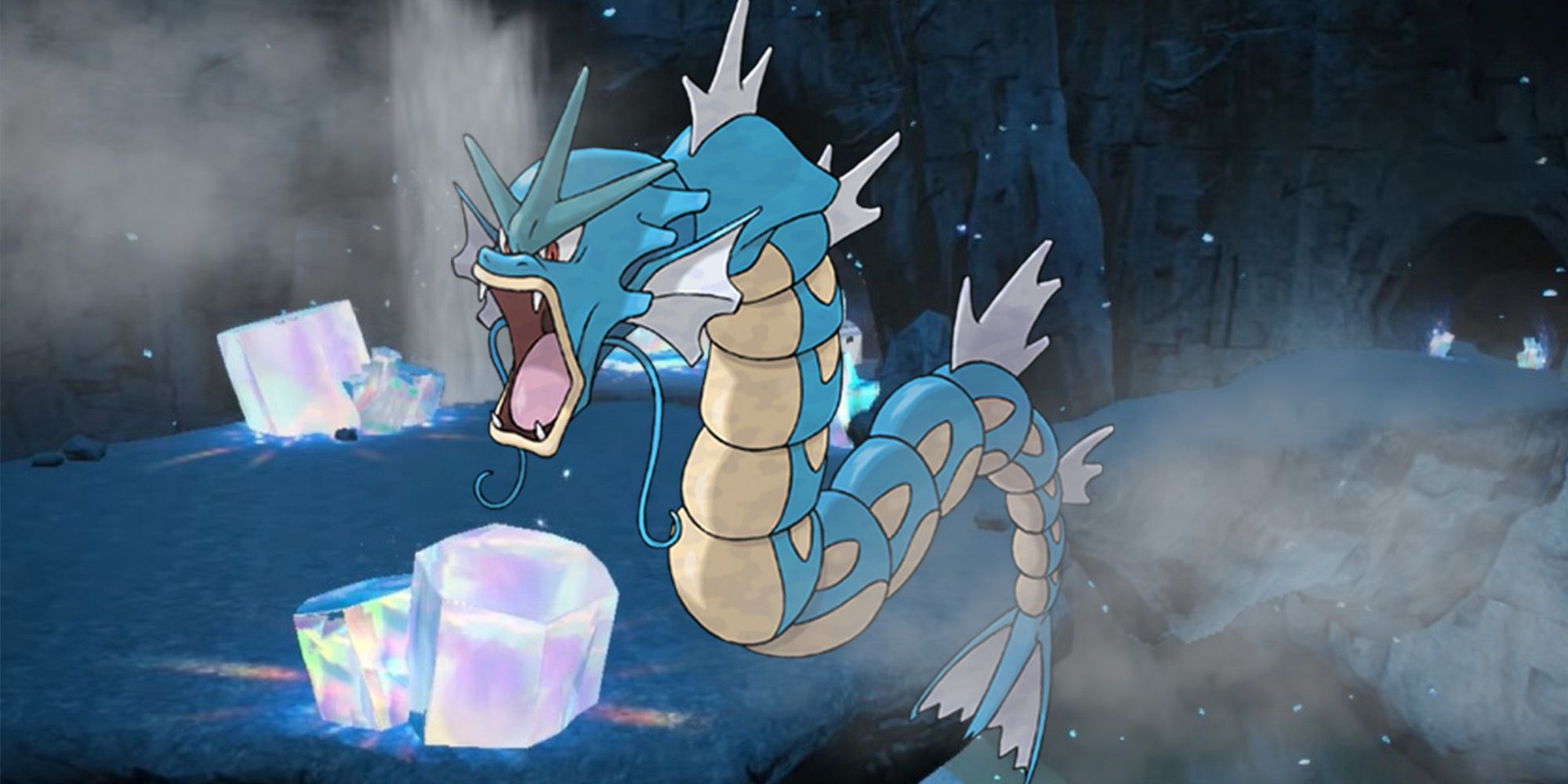 Pokemon: Gyrados floating in a crystal covered cave in the great crater of Paldea