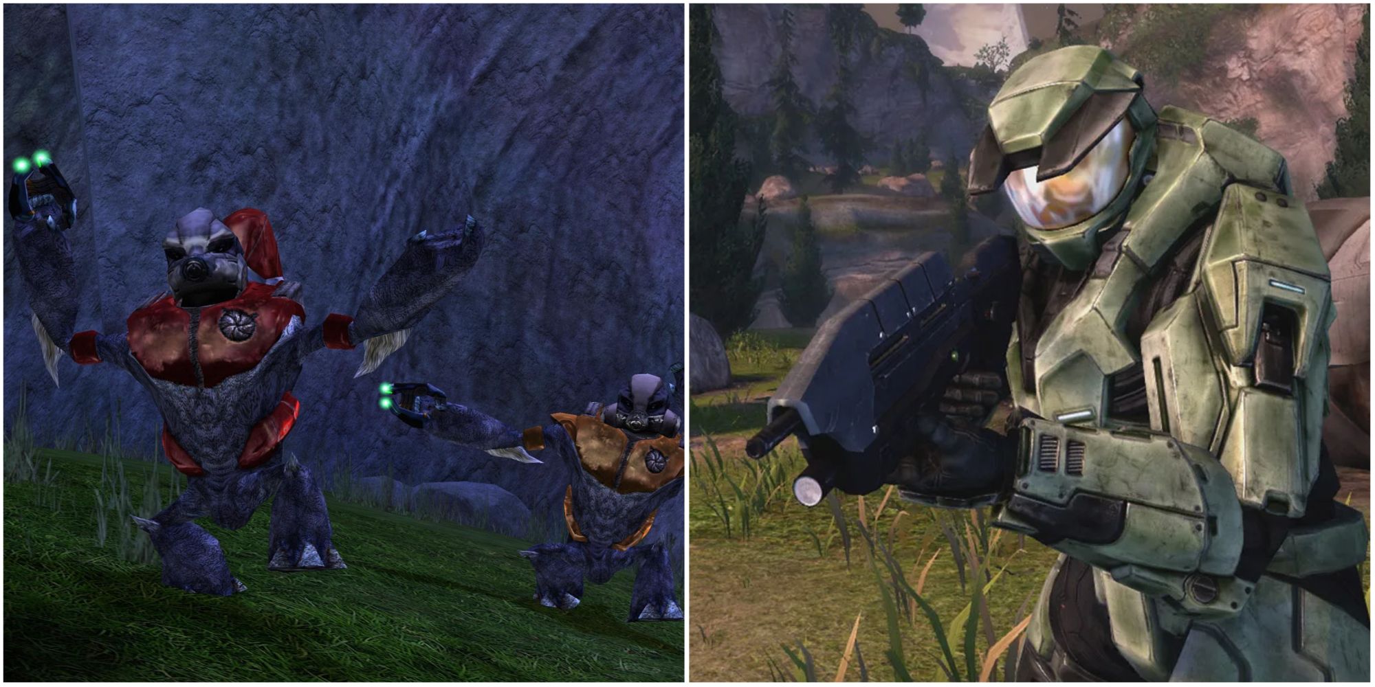 Collage of scared grunts and the Master Chief in Halo: Combat Evolved