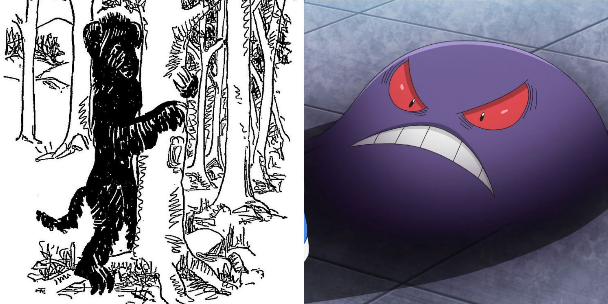 Split image screenshots of the Hidebehind and Gengar hiding in Ash's shadow.