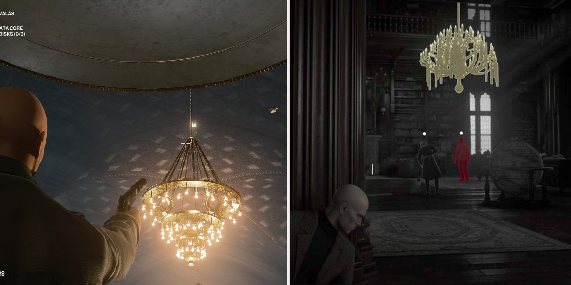 Hitman - Agent 47 linning up a shot on a chandelier and a target standing under a chandelier
