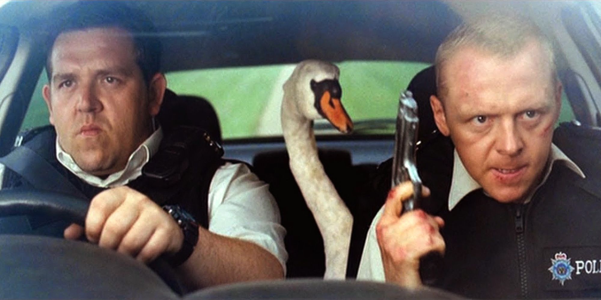 Hot Fuzz - Danny and Nicholas with a swan in the car