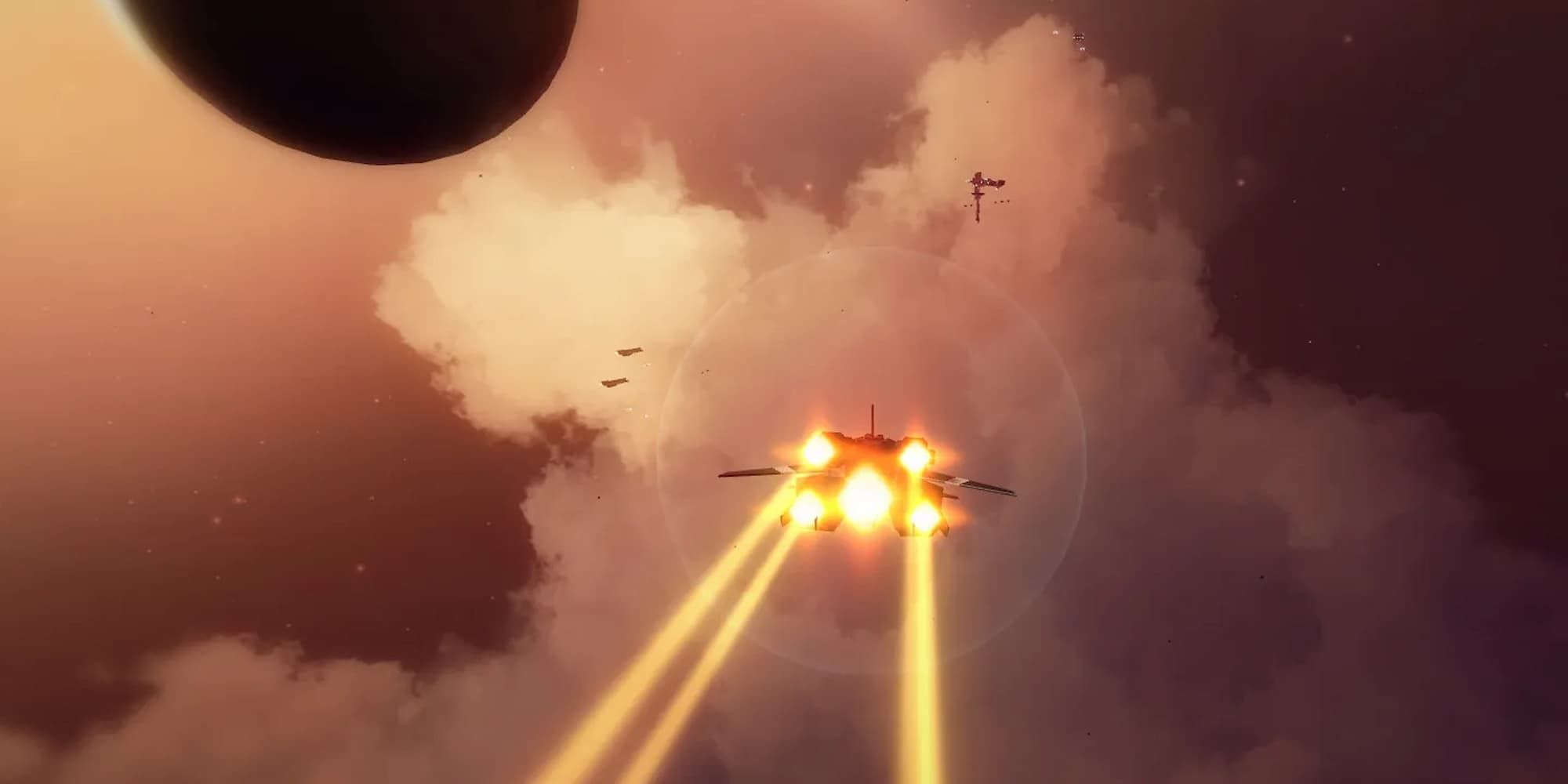 A starship blasts off towards a space station near a planet in House of the Dying Sun.