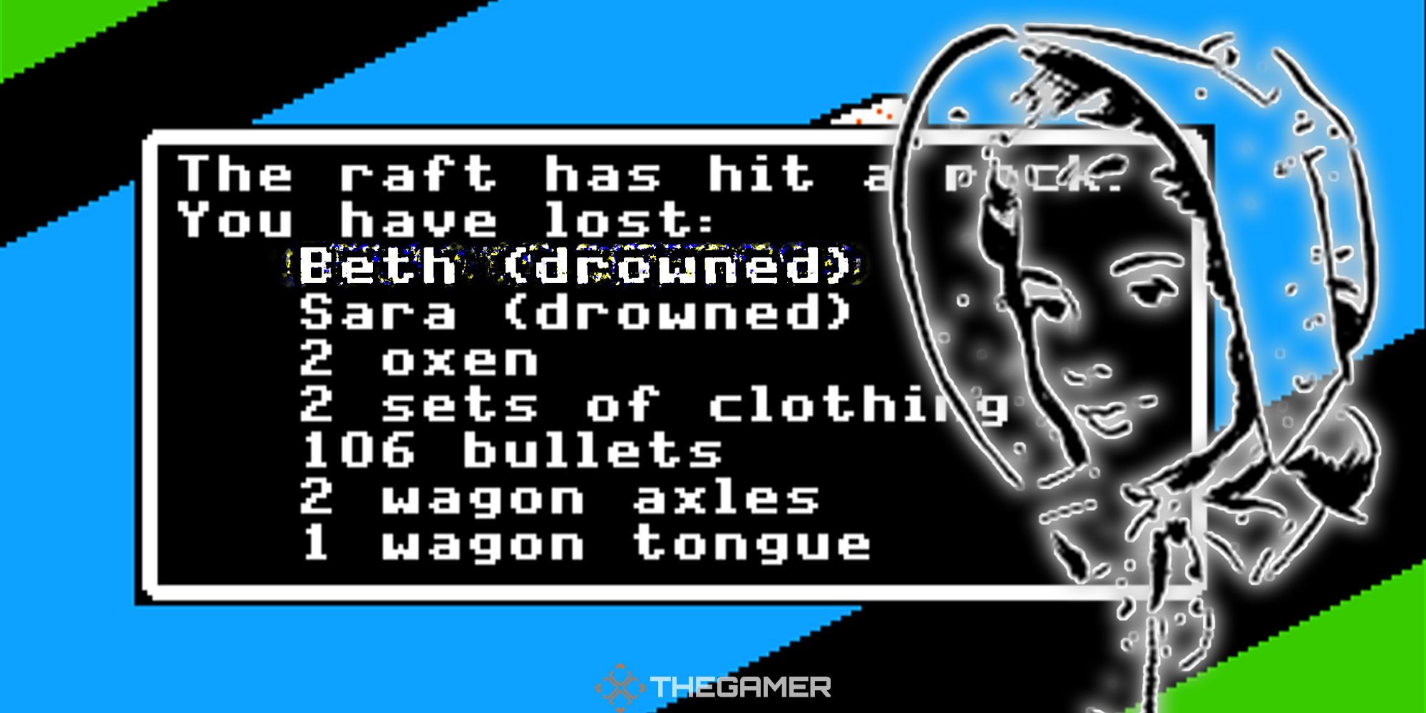 A ghostly Beth looks on while her family gets devoured by the Columbia River in I Was Beth: An Oregon Trail Story.