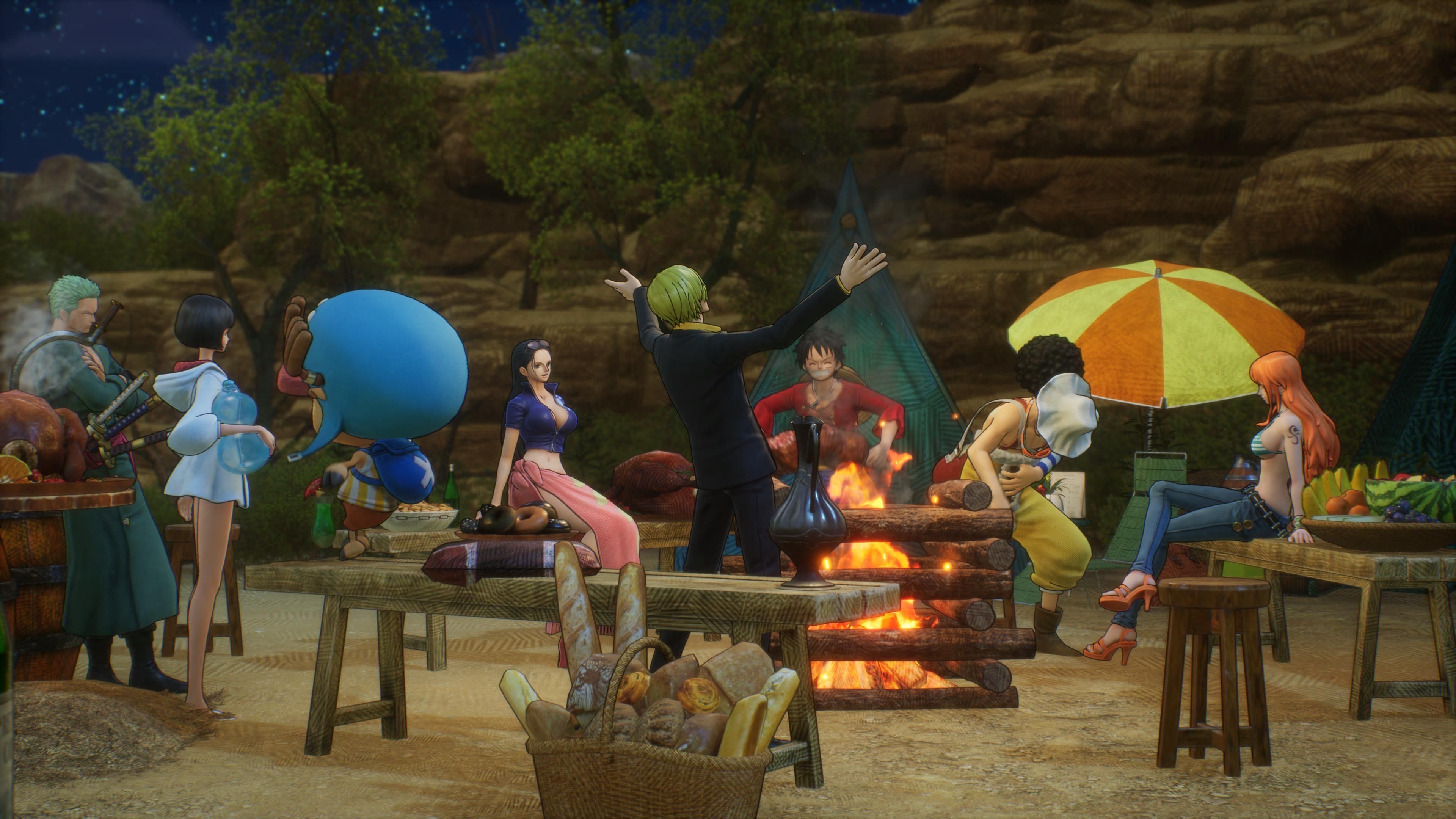 One Piece Odyssey crew gathered around a campfire having a party
