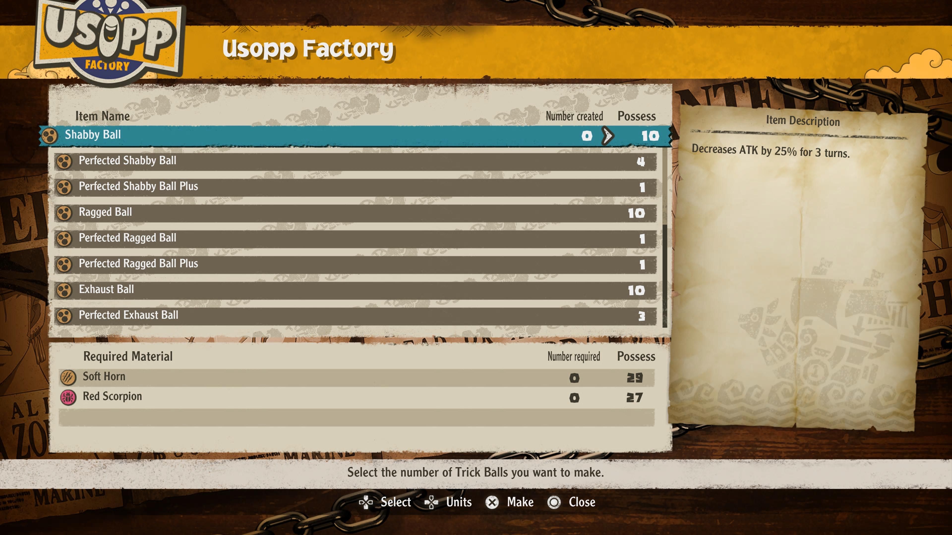 One Piece Odyssey trick ball crafting menu