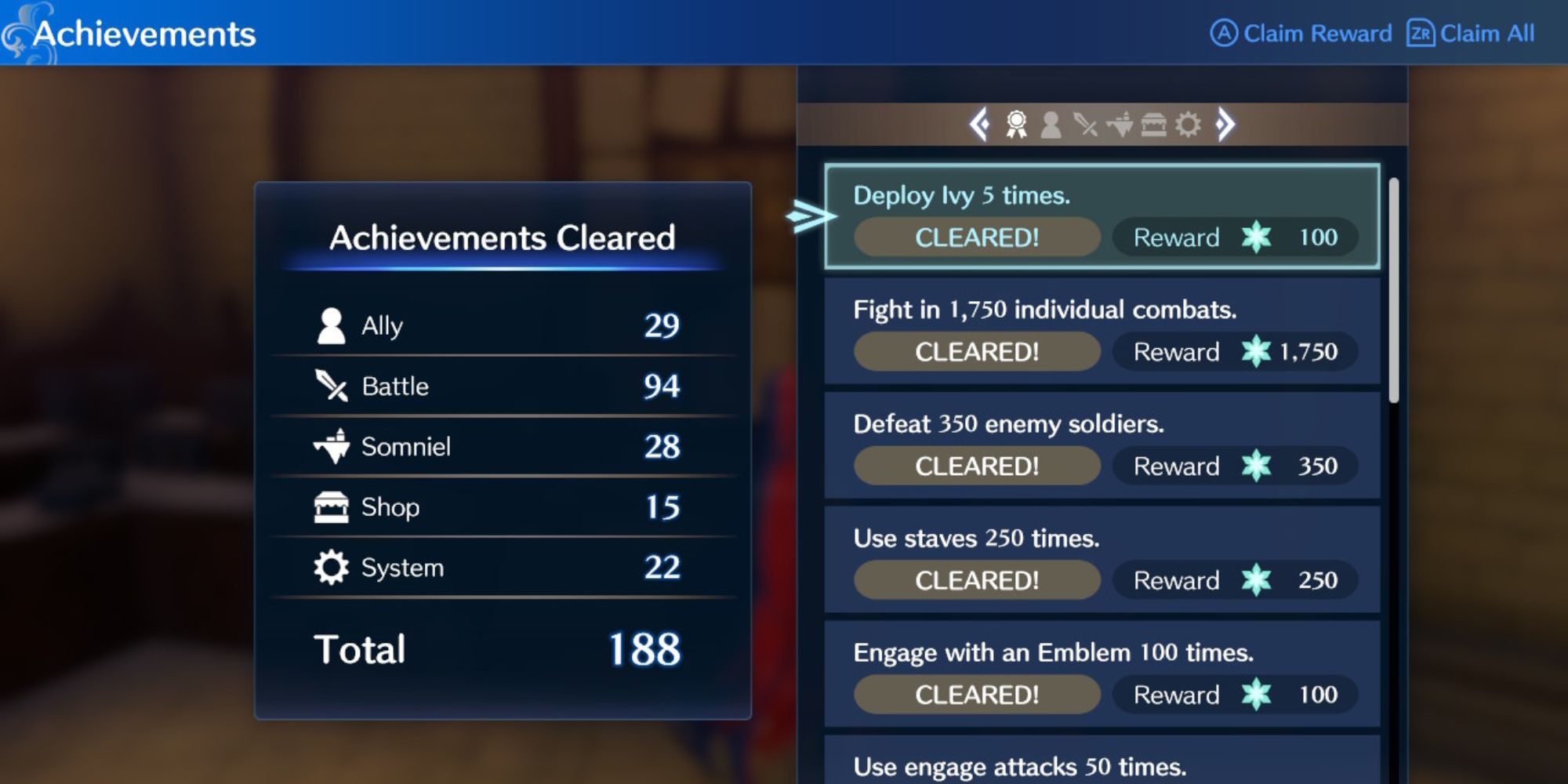 Fire Emblem Engage Somniel achievements board screen
