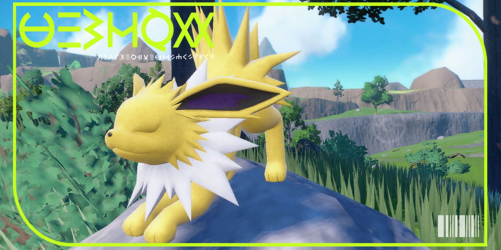Jolteon streching in the sun in its Pokedex picture from Pokemon Scarlet and Violet