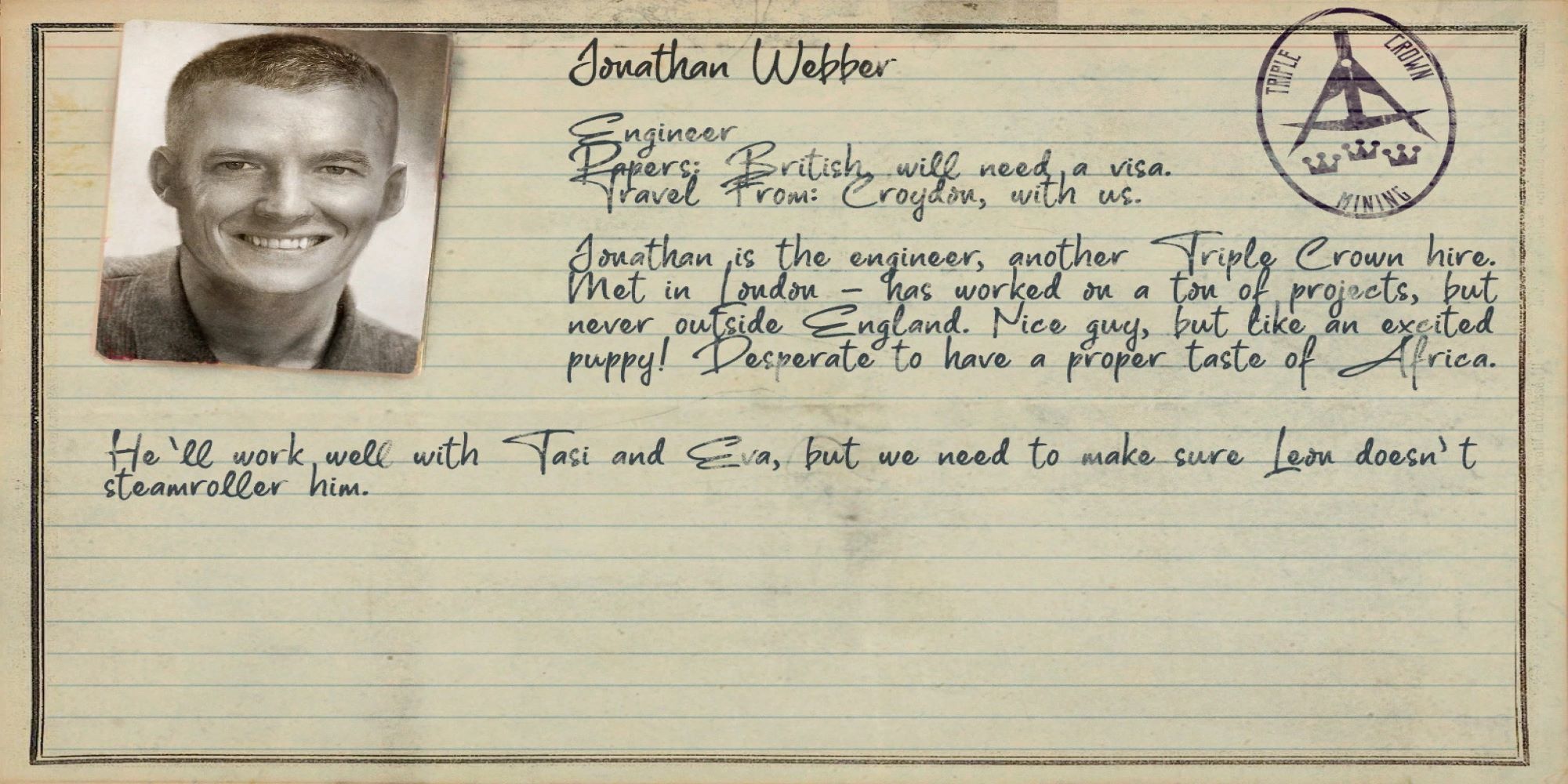A screenshot of a dossier entry for Jonathan Webber showing key information in Amnesia: Rebirth