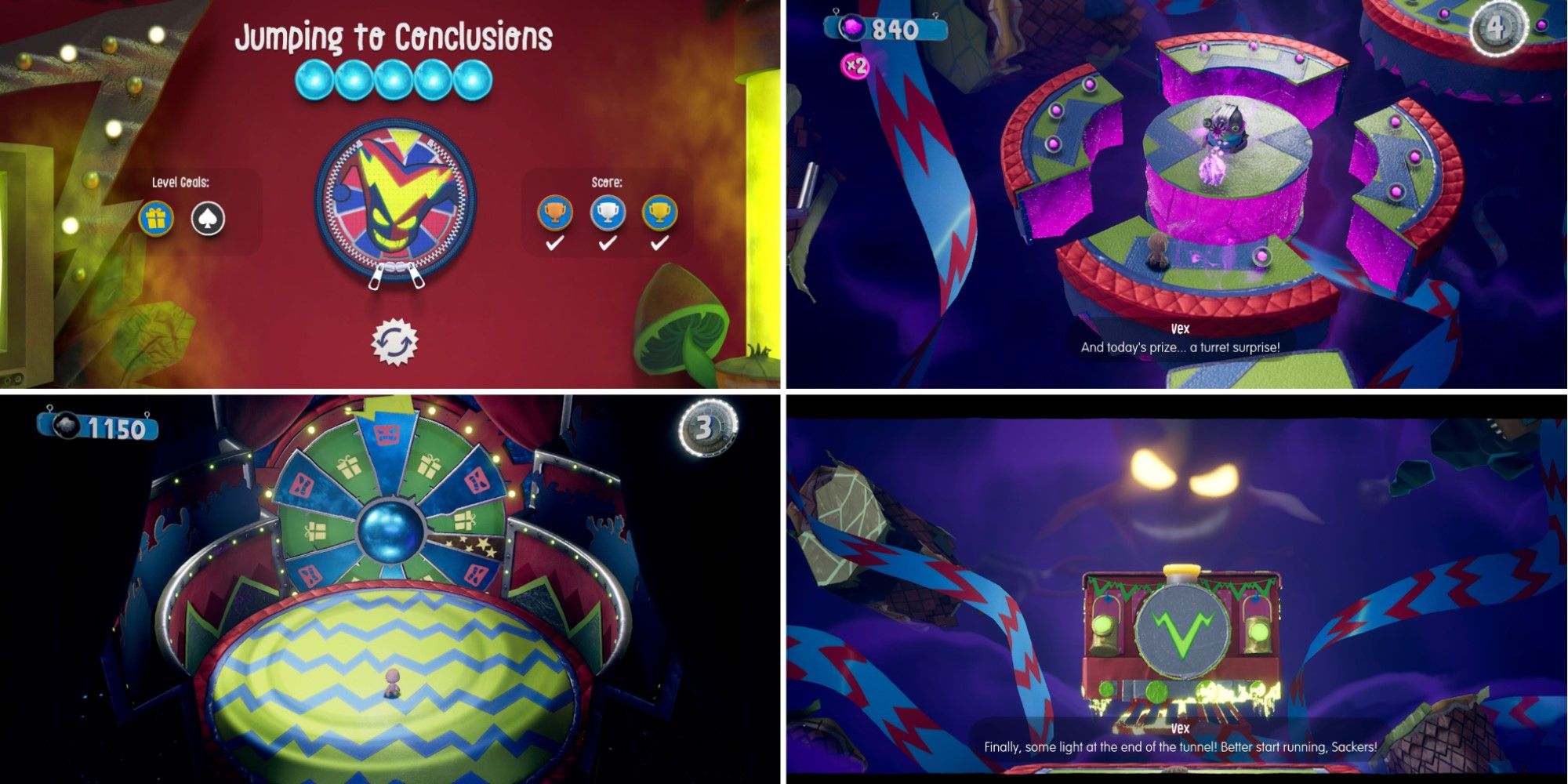 Four screenshots from the level Jumping To Conclusions in Sackboy: A Big Adventure.
